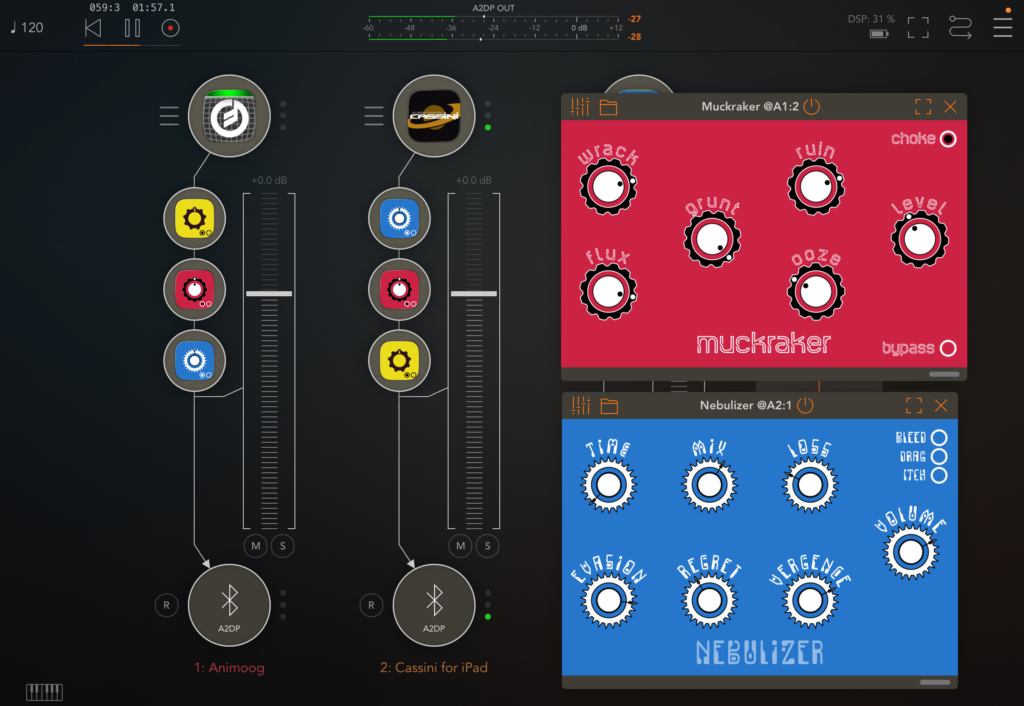 Screenshot showing Nebulizer, Muckraker and Frobulator running on multiple lanes in AUM.