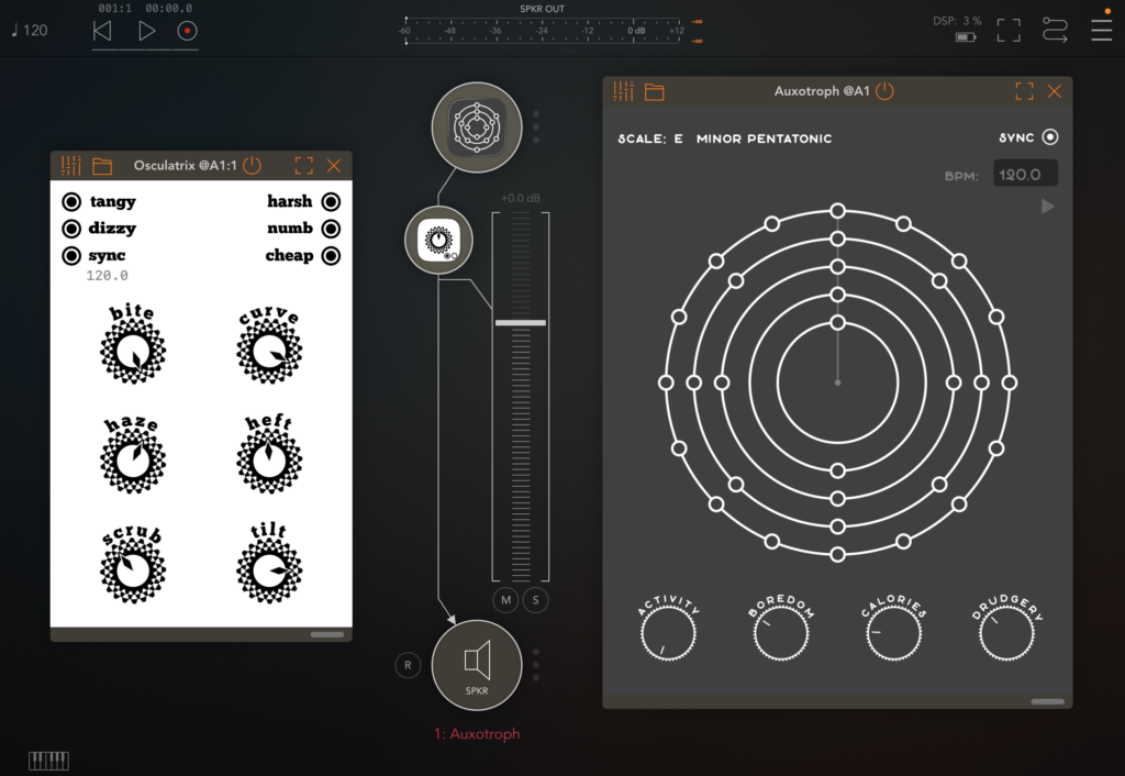 Screenshot showing Auxotroph playing through Osculatrix in AUM on iPad.