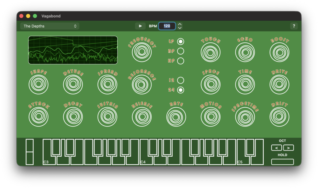 Screen capture of the Vagabond interface — basically a grid of white knobs on a green background with a sketchy piano keyboard attached, also white and green.